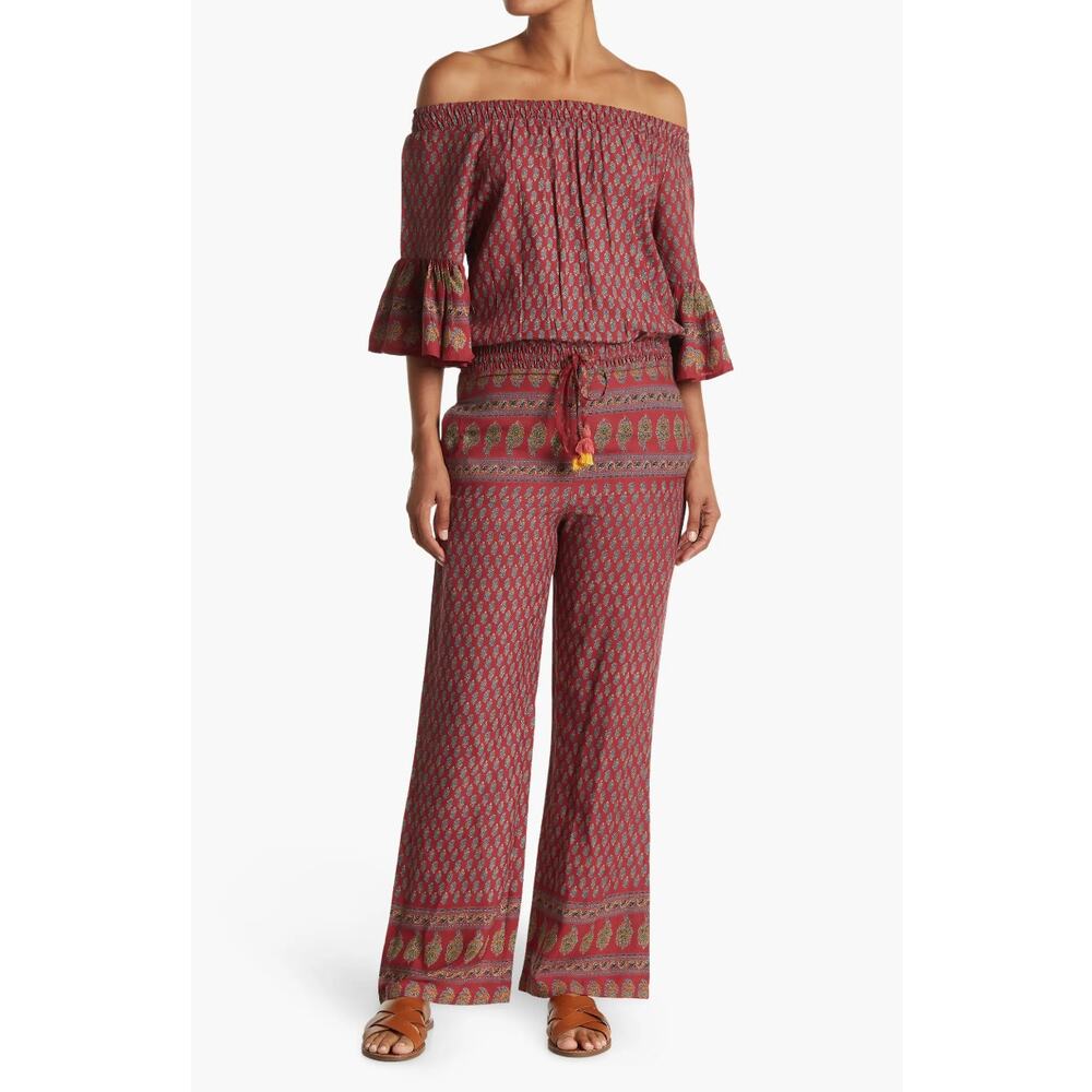 NWT RAGA Avah Paisley Off The Shoulder Jumpsuit Wine Small